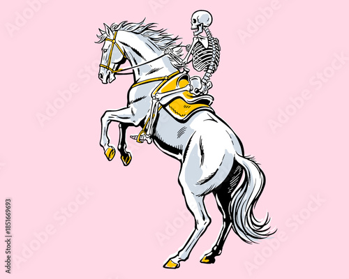 Skeleton rider on rearing horse vector illustration, vintage graphic style, pop art, pink background, death, fantasy, equestrian, gothic design