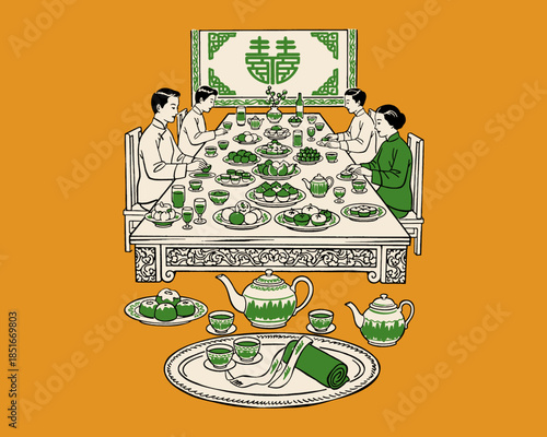 Chinese family banquet illustration, traditional dinner, reunion meal, vintage Asian food art, cultural celebration, Shòu longevity character, festive gathering, graphic design