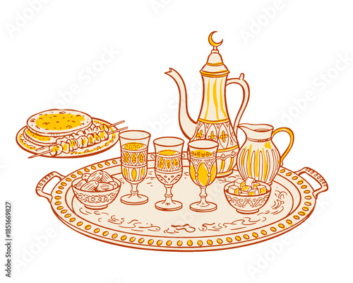 Ramadan Iftar celebration illustration, traditional Arabian food table, dates, ornate coffee pot, Arabic tea glasses, decorative serving tray, fasting break, Islamic, Eid