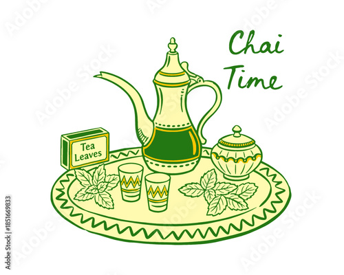 Chai Time illustration, traditional tea service, mint tea pot, small glasses, tea leaves box, Arabic, Middle Eastern, Indian drink, doodle vector, kitchen art