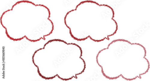 赤系のクレヨンで描いた吹き出しセット。雲の形をしたかわいい手描き風、少しずつ色が異なる。もこもこしている落書き風。