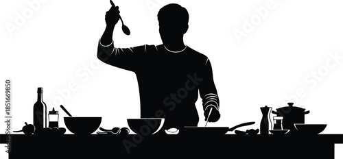 Chef silhouette cooking in kitchen, professional cook preparing meal, culinary concept, home cooking, restaurant food, dark shadow style minimalist illustration, gourmet recipe preparation scene