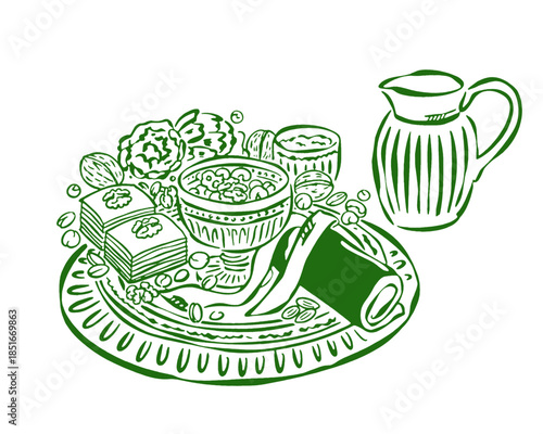 Middle Eastern dessert vector illustration, sweet pastry tray sketch, baklava walnuts pitcher drawing, Turkish, Greek, Arabic food, Iftar, Eid, traditional sweets outline