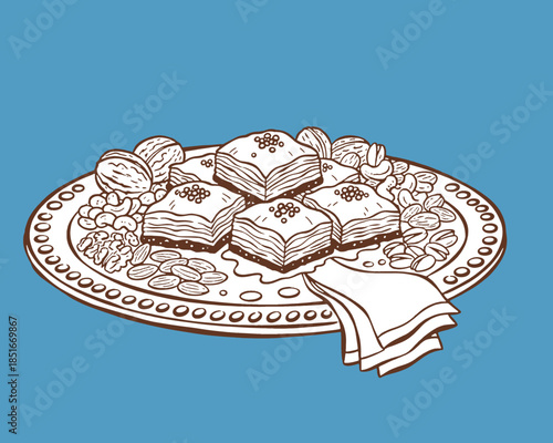 Baklava dessert illustration, Middle Eastern sweet food sketch, traditional layered pastry, nut garnish, honey syrup, doodle art, Turkish sweet