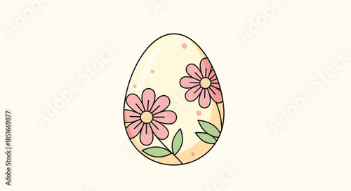 Simple yet elegant illustration of a spring Easter egg adorned with pink flowers and green leaves on a pastel background.