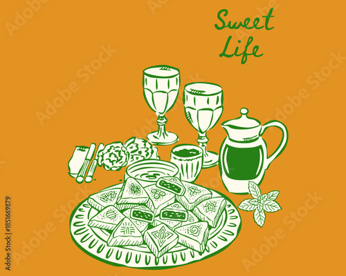 Middle Eastern dessert vector, Arabic sweets illustration, Baklava, Kunafa, traditional pastry, tea ceremony, vintage hand drawn food, retro kitchen poster