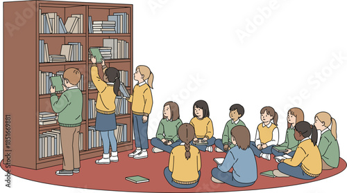 Children reading books in school library classroom, students learning together, education concept, kids studying, group activity, knowledge, illustration, childhood, literacy,
