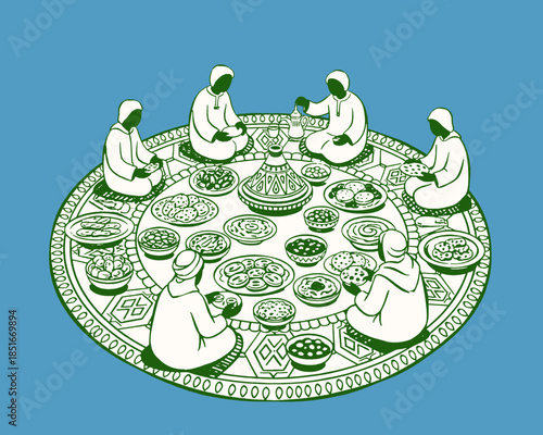 Cultural shared meal illustration, Islamic Ramadan Iftar, Moroccan tagine dining, traditional men gathering, vintage vector art, communal food, Middle East