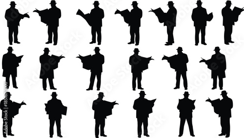 Collection of man silhouette reading newspaper, multiple poses, business concept, news media illustration, black isolated figures, editorial design elements, communication theme