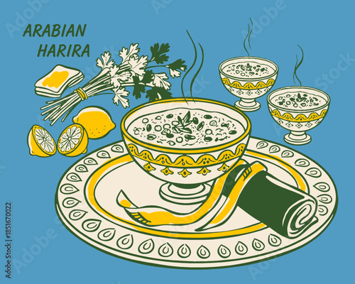 Arabian Harira soup illustration, Middle Eastern cuisine, Moroccan traditional food, vintage diner style graphic art, steaming bowl, lemon, parsley, toast, retro food menu design