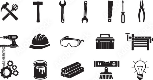 Black icons of various construction tools and equipment