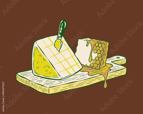 Cheese and Honeycomb Vintage Illustration, retro dairy dessert, sweet savory snack, charcuterie board art, rustic cutting board, food vector icon.