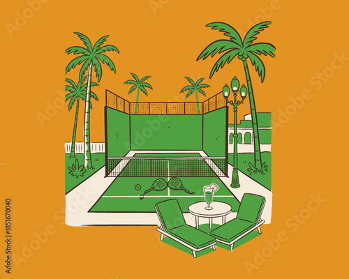 Padel court vintage illustration, tropical sports resort design, summer vacation leisure, palm trees, padel rackets ball, cocktail lounge chairs, retro artwork, tennis