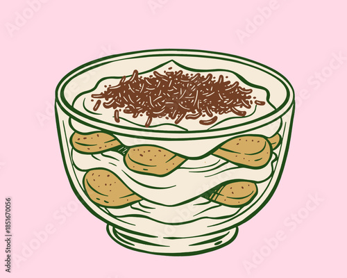 Tiramisu dessert illustration, Italian sweet food, doodle art, layered cake, mascarpone cream, ladyfingers, chocolate cocoa topping, vintage style, pink background