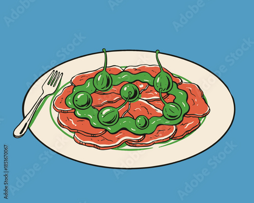 Italian Carpaccio illustration, retro appetizer design, thin sliced meat, raw beef, caper berries, green dressing, vintage food graphic, pop art culinary art