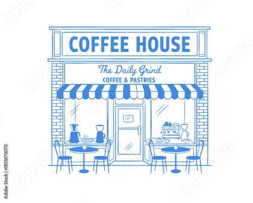 Vintage coffee house storefront illustration, cafe exterior, retro drawing, espresso shop, brick building, striped awning, hand drawn, local business logo