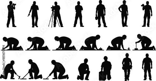 Construction worker silhouettes, professional tradespeople poses, tools equipment actions, labor industry concepts, repair installation maintenance teamwork safety black isolated 