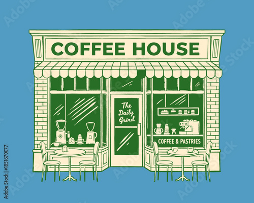 Coffee House vintage illustration, retro cafe storefront drawing, classic diner facade, coffee shop exterior, green and cream artwork, local business vector, mid-century style