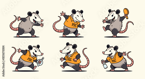 Cute Opossum Character Set With Various Poses And Activities.