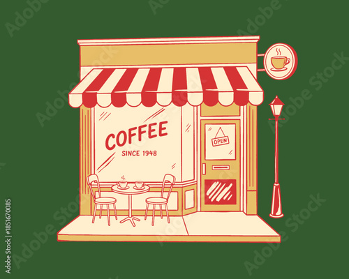Coffee House vintage illustration, retro cafe storefront drawing, classic diner facade, coffee shop exterior, green and cream artwork, local business vector, mid-century style