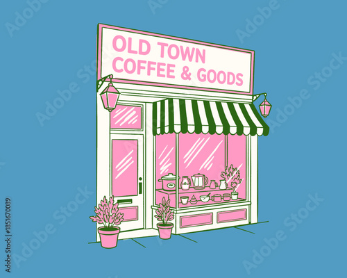 Old town coffee shop illustration, retro pink green storefront design, small business cafe facade, vintage goods store sign, commercial building vector