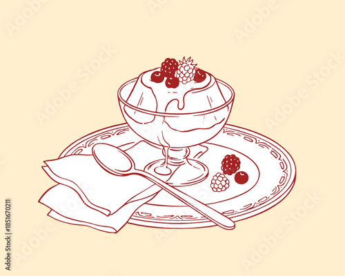 Vintage dessert illustration, panna cotta, sundae, sweet treat, line art drawing, berries sauce, elegant cafe menu vector, retro food design, decorative plate, spoon, napkin.