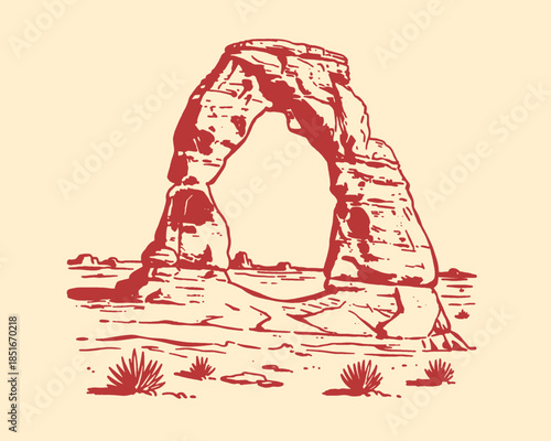 Delicate Arch, Arches National Park, Utah desert landscape, sandstone rock formation, vintage travel illustration, national monument, park apparel design, hiking, outdoor adventure, desert scene