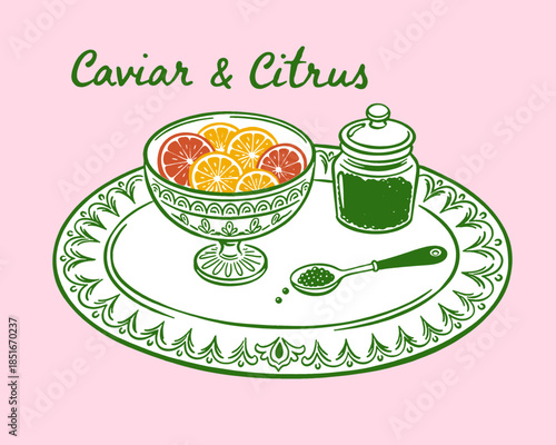 Caviar and Citrus luxury food illustration, vintage hand drawn line art, retro seafood graphic design element, fancy appetizers, gourmet treat, pink background