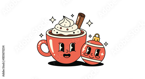 Hot chocolate mug and Christmas ornament with happy faces, retro-style cartoon illustration for holiday cheer.