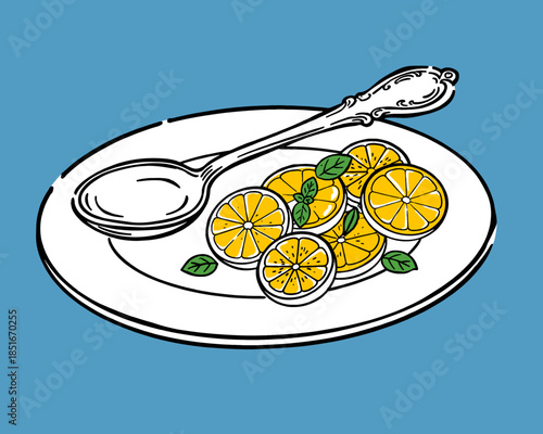 Lemon slices mint leaves on plate, vintage spoon illustration, citrus fruit food, fresh cooking ingredient, healthy dessert garnish, sour yellow, hand-drawn vector art, blue background