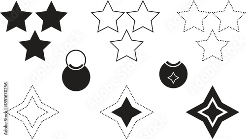 Collection of various star and diamond shapes in black and white