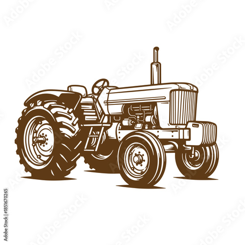 Detailed brown sketch of classic vintage tractor on a white background for design