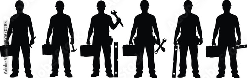 Construction worker silhouettes with tools, industrial labor team concept, repair maintenance professionals standing isolated on white background, engineering, safety, workforce, 