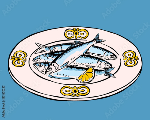 Sardines on plate illustration, seafood retro pop art, fish and lemon vintage print, ocean food design, simple meal drawing, mackerel, pilchard, blue background
