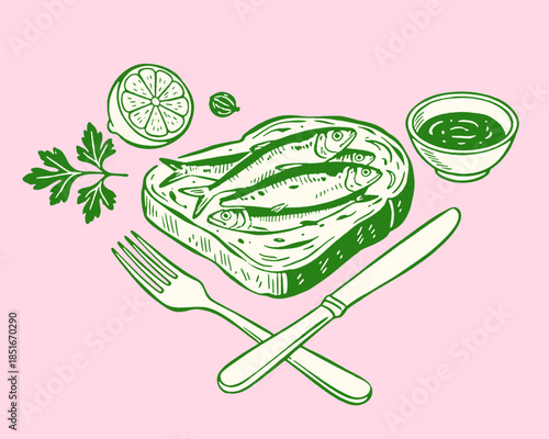 Sardines on toast illustration, vintage seafood snack, retro graphic, fish appetizer, lemon, bread, fork and knife, hand drawn etching style, pink background, green motif
