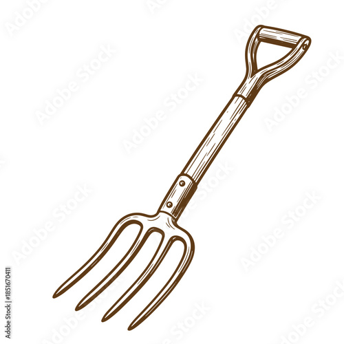 Detailed brown sketch vintage garden pitchfork tool isolated on a white background