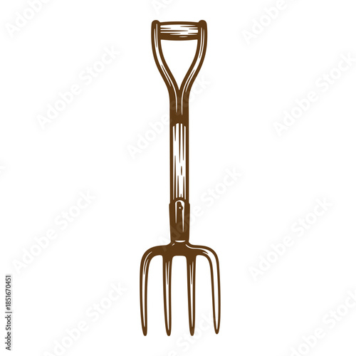 Detailed brown sketch vintage illustration of a traditional garden pitchfork on white background