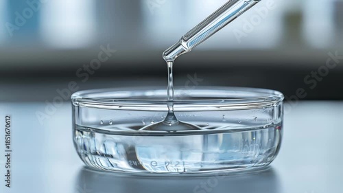 Clear liquid being dropped into petri dish by pipette for PDRN toners  