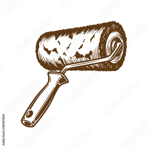 Detailed brown sketch vintage paint roller illustration isolated on white background for decoration