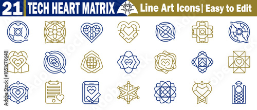 Tech heart matrix line art icons are easy to edit for advanced medical technology concepts and innovative healthcare system designs. 