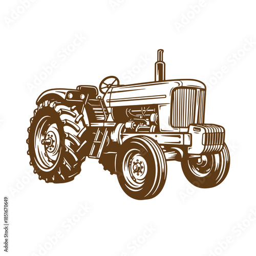 Detailed brown sketch vintage tractor illustration with white background for agricultural designs