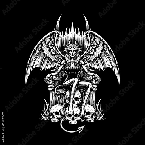Demonic Queen Sitting on Skull Throne with Large Wings.