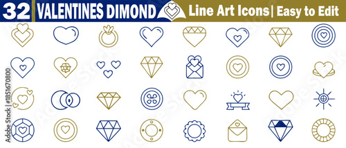 32 Valentine's diamond line art icons, easy to edit, romantic collection of heart and diamond shapes for Valentine's Day designs. 