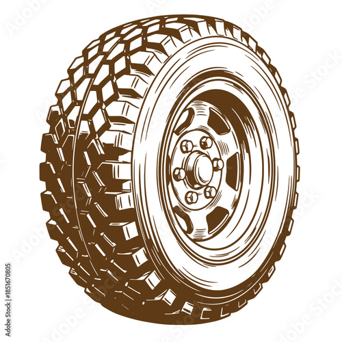 Detailed hand drawn illustration of a mud terrain tire suitable for off road adventures