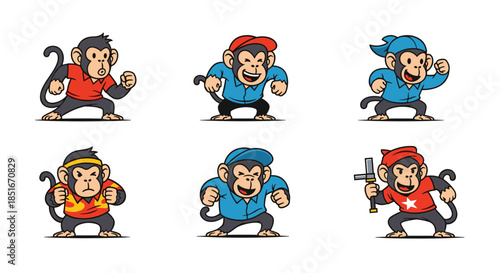 Set of Six Cartoon Monkeys in Various Poses and Outfits.