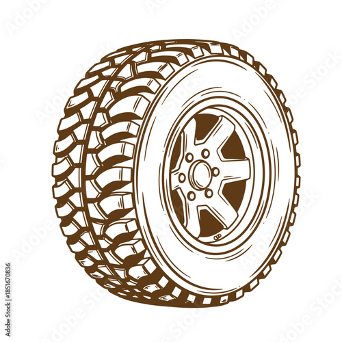 Detailed hand drawn sketch vintage illustration of a mud terrain tire and rim