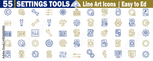 The Settings tools line art icon set offers essential gears and wrenches for website customization and mobile application adjustments. 