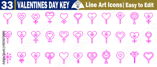 Valentine's Day key line art icon set contains various heart-shaped and love-themed keys for romantic designs and lock themes.
