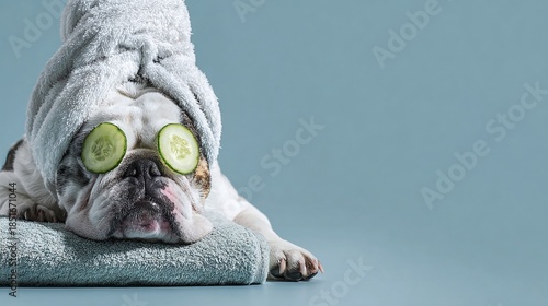 Pampered pup! Bulldog relaxing with a spa day, wearing a towel and cucumber slices on its eyes against a serene blue backdrop. The perfect blend of cute and self-care.