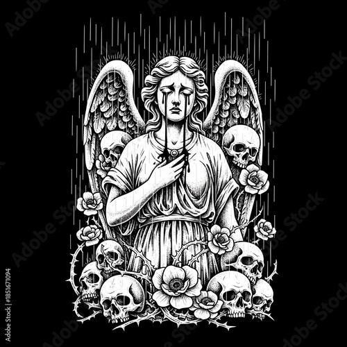 Melancholy Angel Surrounded by Skulls and Roses.